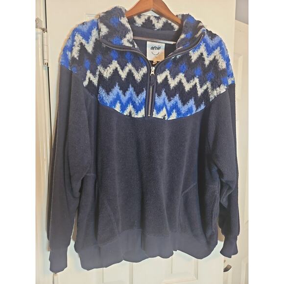 Aerie Women’s Sherpa Fleece Quarter Zip Pullover Sweatshirt Blue Chevron Size L - Picture 1 of 8